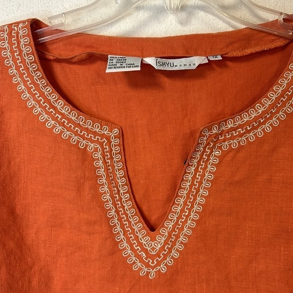 ISHYU Women’s 100% Linen Tunic Top Plus Size 1X Orange With Embroidered Trim